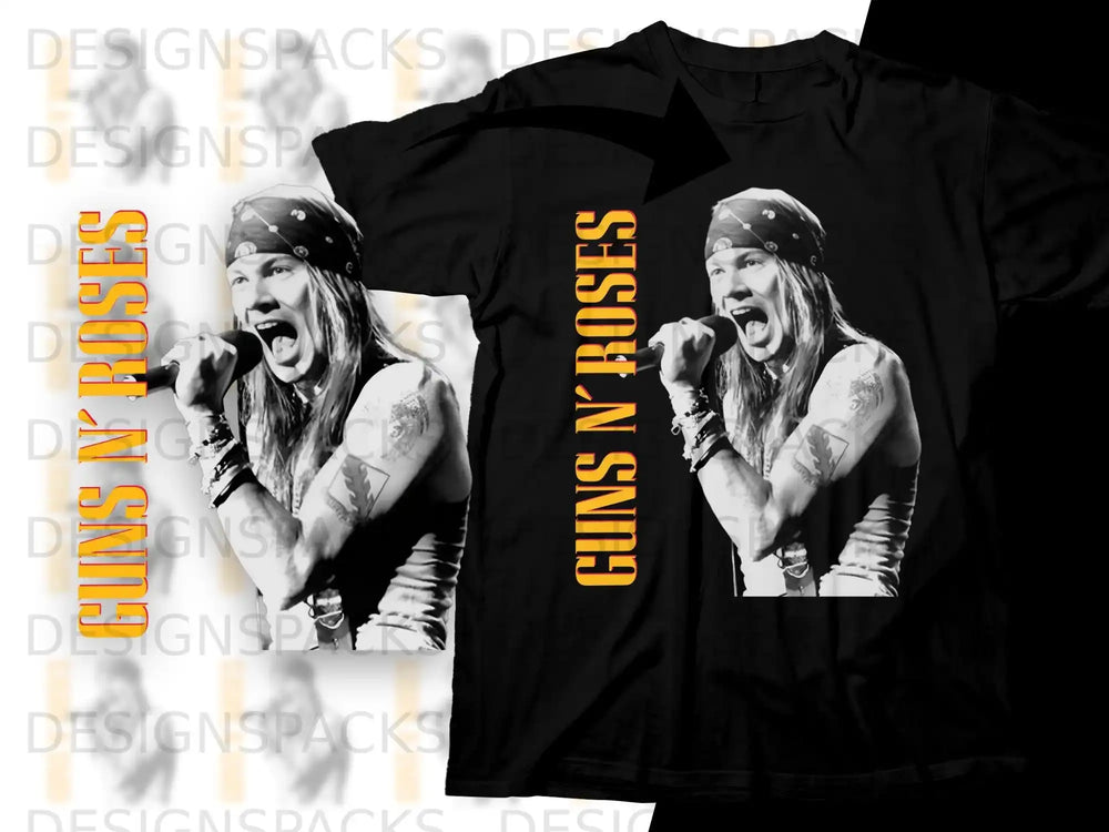 Black t-shirt with Guns N' Roses graphic and Axl Rose singing.