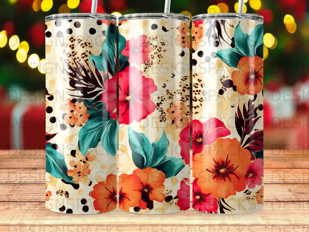 Floral pattern tumbler with orange and pink flowers on a cream background.