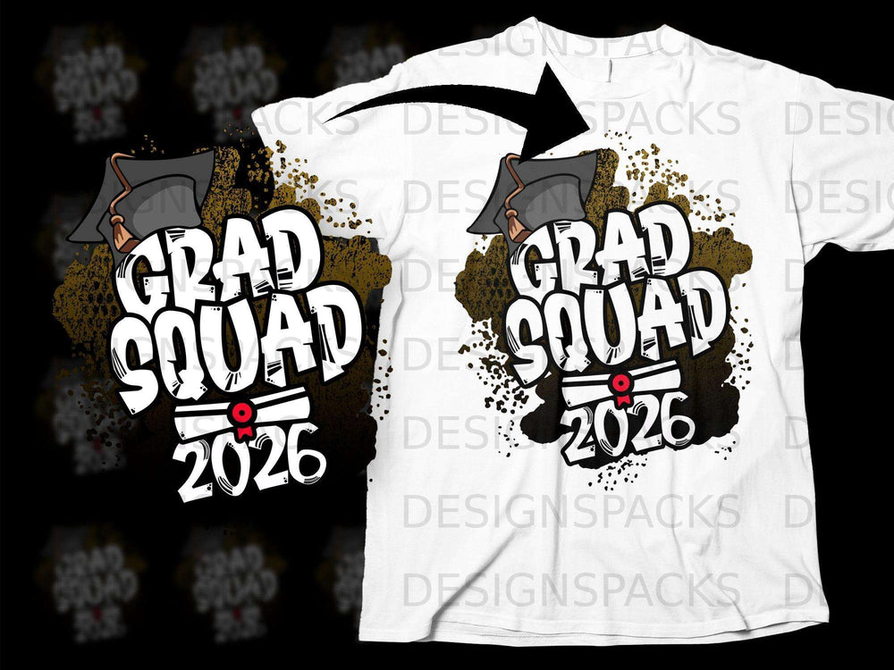White t-shirt with "GRAD SQUAD 2026" graphic and graduation cap.