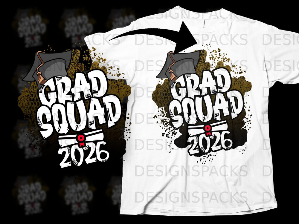White t-shirt with "GRAD SQUAD 2026" graphic and graduation cap.