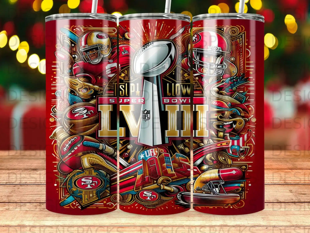 Super Bowl LVII trophy and team helmets design on a red tumbler.