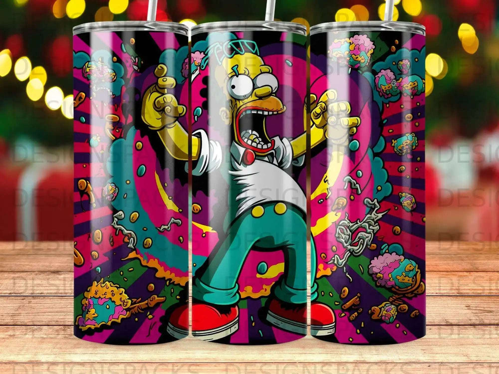 Homer Simpson screaming in a psychedelic, colorful explosion of cartoon donuts.
