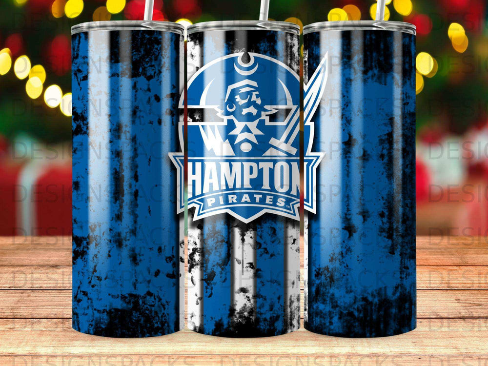 Hampton Pirates logo on a blue and white distressed tumbler.