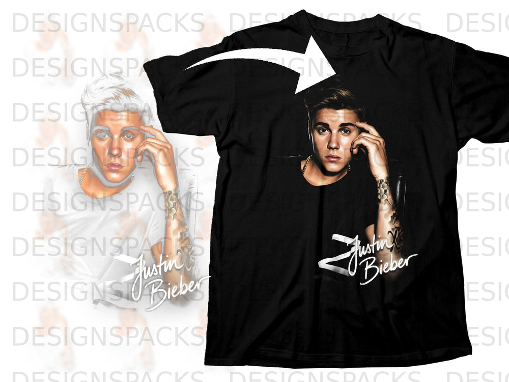 Black t-shirt featuring a portrait of Justin Bieber with his name below.