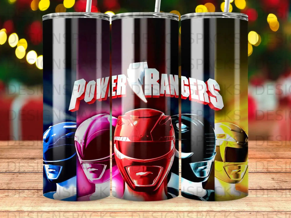 Power Rangers helmets and logo on a patterned background.