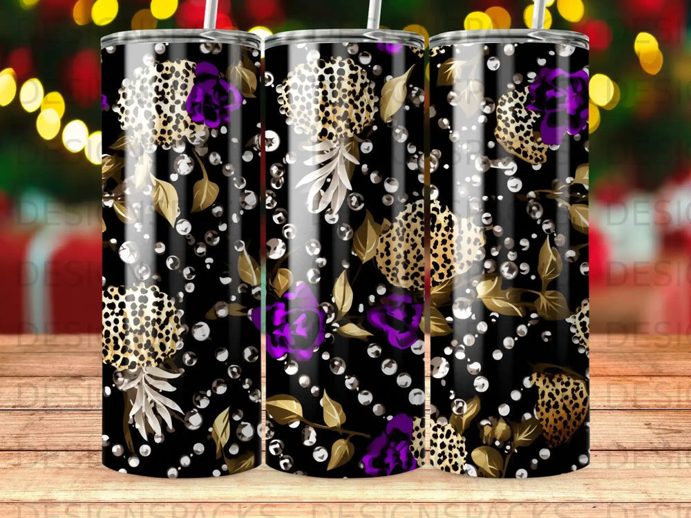 Black tumbler with leopard print flowers, purple roses, and clear bubbles.
