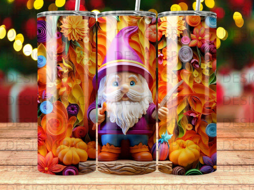 Gnome holding feather with colorful autumn floral and pumpkin background.