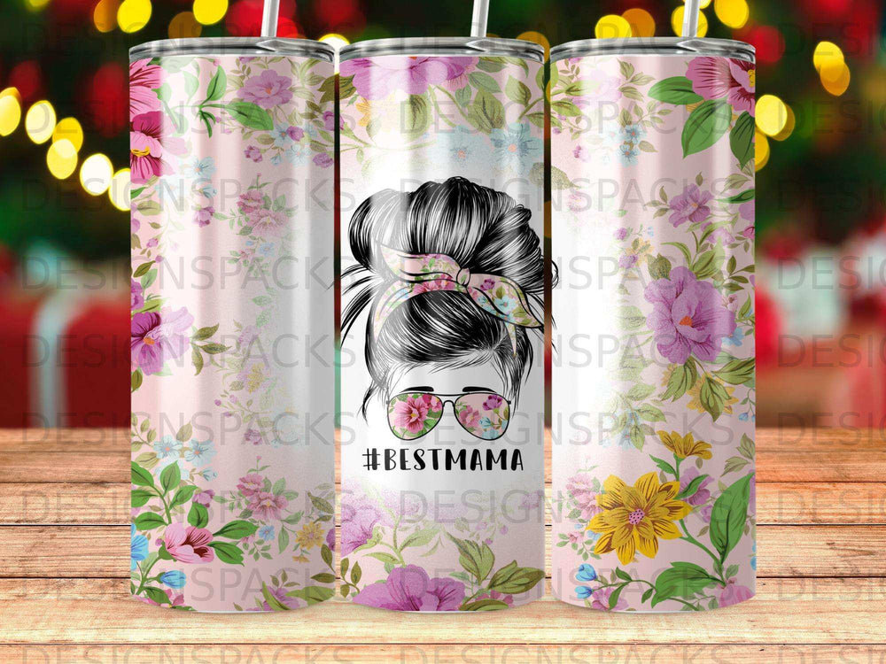 Tumbler with floral pattern and "#BESTMAMA" text, featuring a woman's silhouette.
