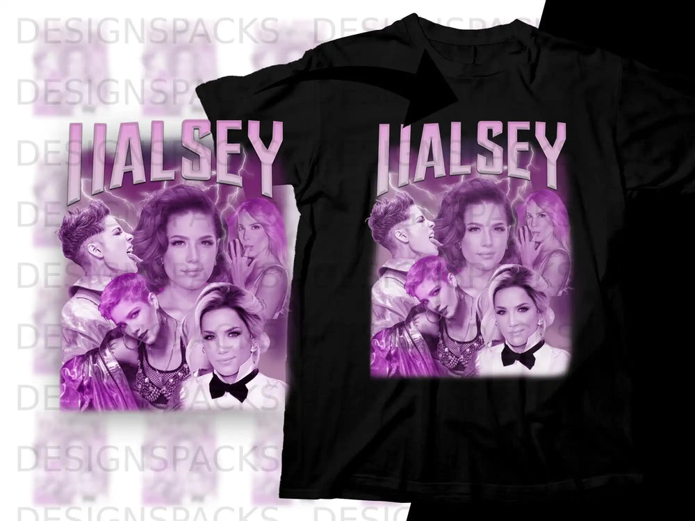 Halsey graphic t-shirt with multiple images of the artist in purple tones.