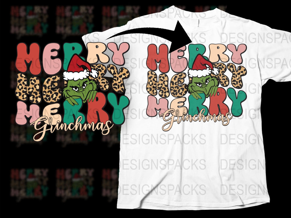Merry Grinchmas T-Shirt, Leopard Print, Funny Christmas Tee, Holiday Shirt for Family, Unisex Xmas Graphic Top