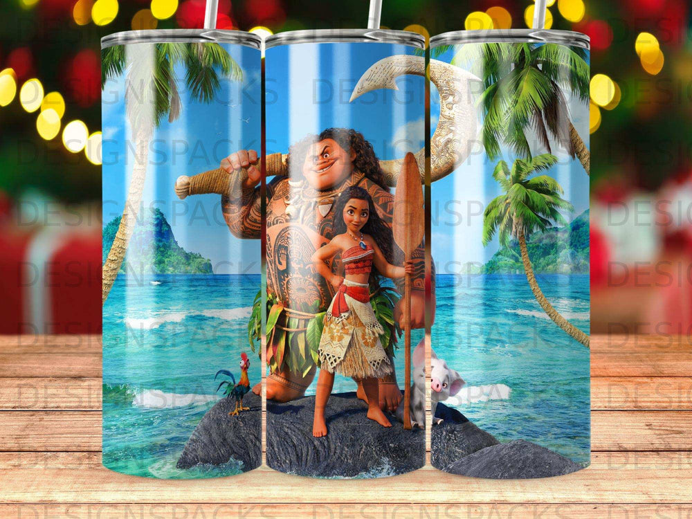 Maui and Moana stand on a rock with Pua and Heihei in front of a tropical ocean backdrop.