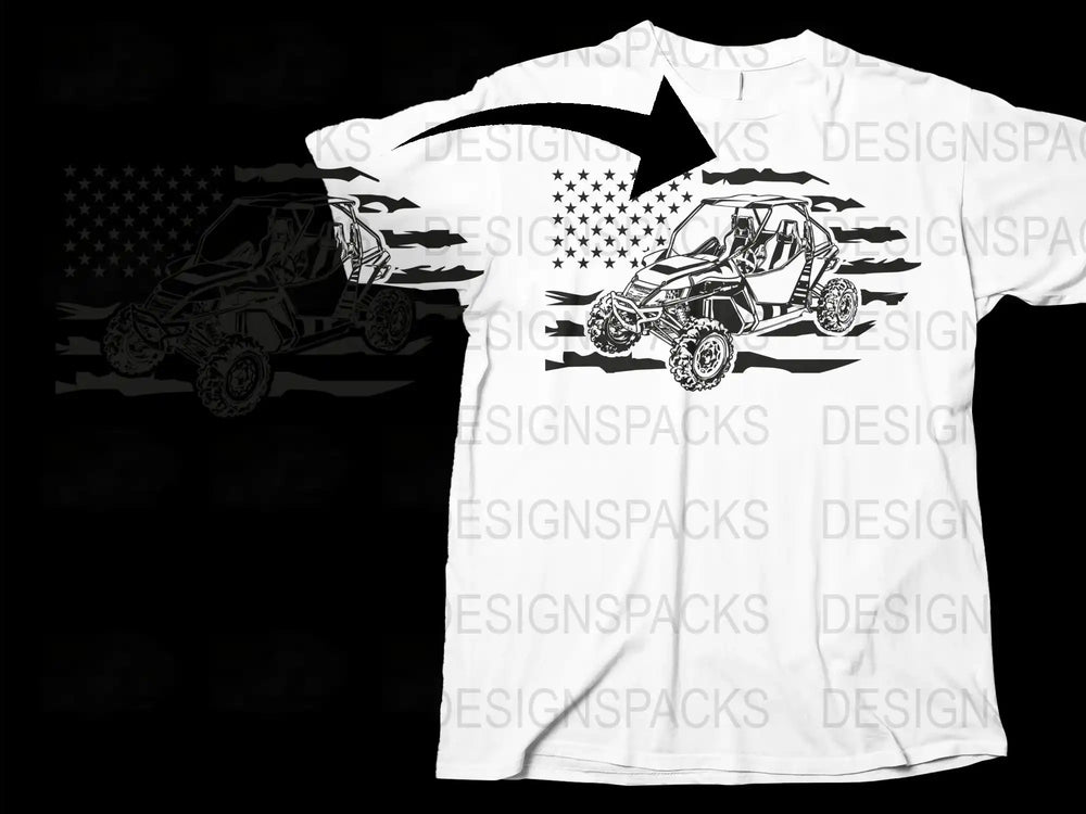 Men's Off-Road UTV Graphic T-Shirt, Patriotic American Flag Design, Black and White ATV Racing Tee, Outdoor Adventure Apparel