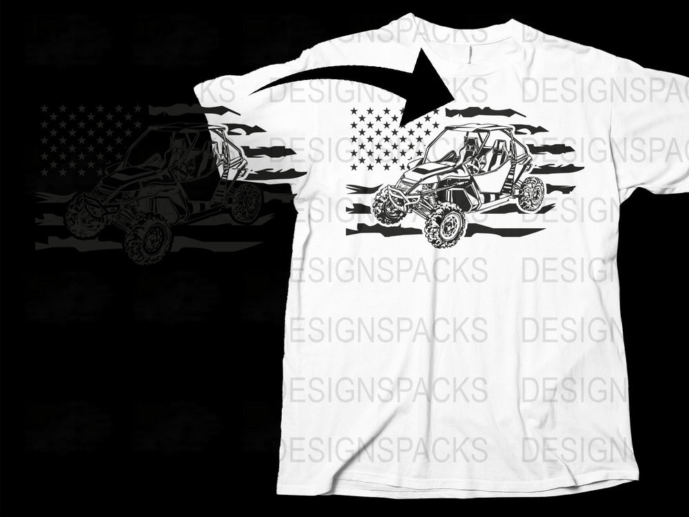 Men's Off-Road UTV Graphic T-Shirt, Patriotic American Flag Design, Black and White ATV Racing Tee, Outdoor Adventure Apparel