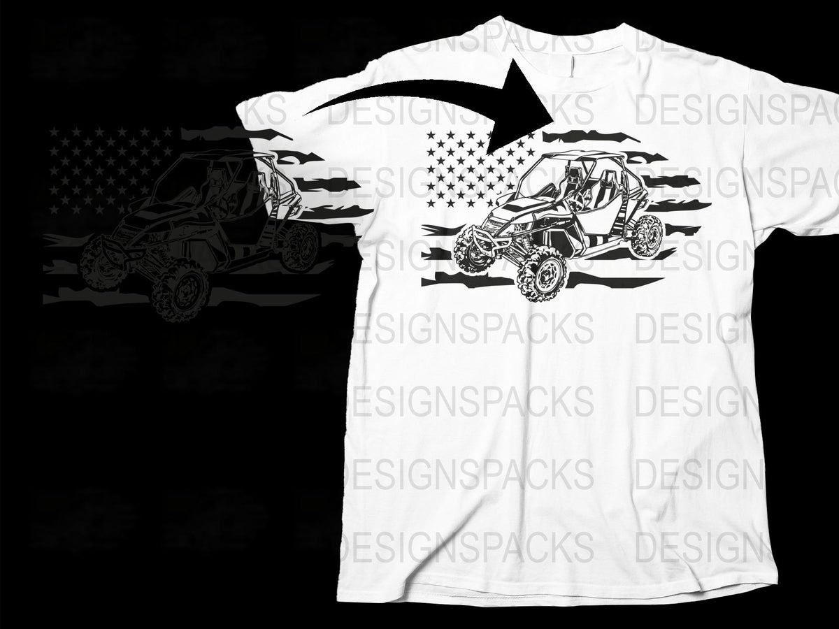 Men's Off-Road UTV Graphic T-Shirt, Patriotic American Flag Design, Black and White ATV Racing Tee, Outdoor Adventure Apparel