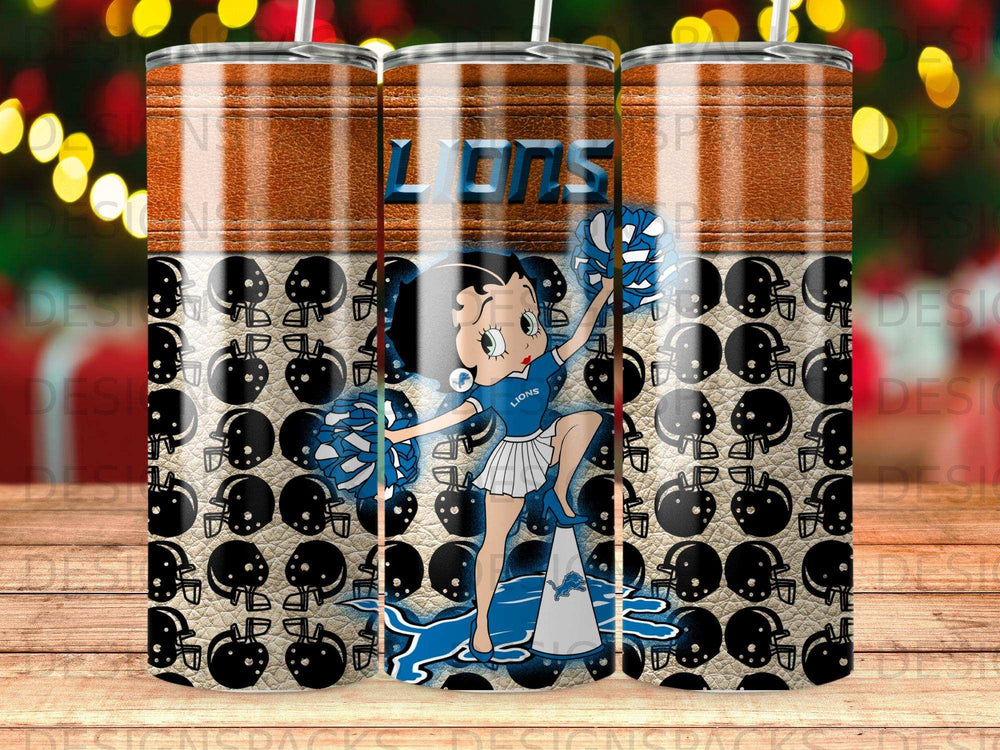 Betty Boop in a Lions cheerleader outfit with football helmets pattern.
