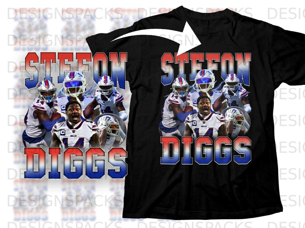Stefon Diggs graphic on black t-shirt with Bills logo and player images.