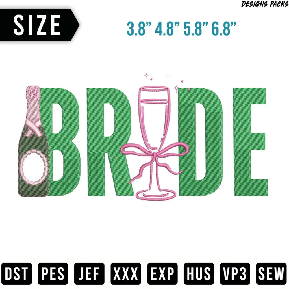Embroidery design: "BRODE" with champagne bottle and glass.