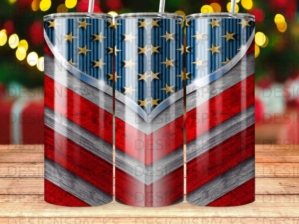 USA flag tumbler with wood grain pattern.