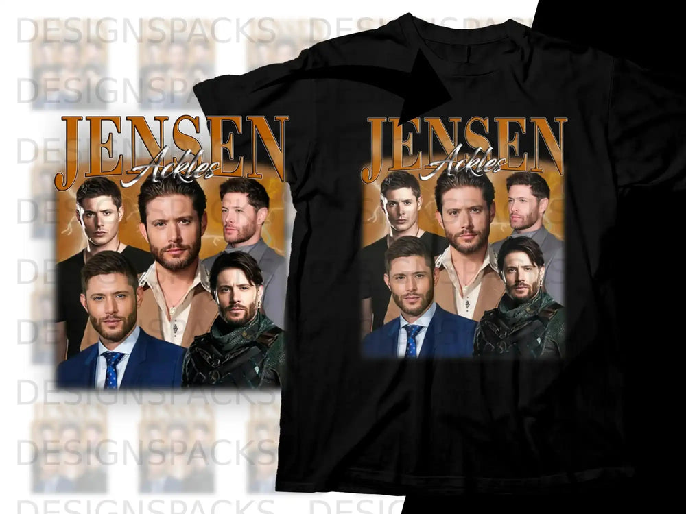 Jensen Ackles collage on black t-shirt.