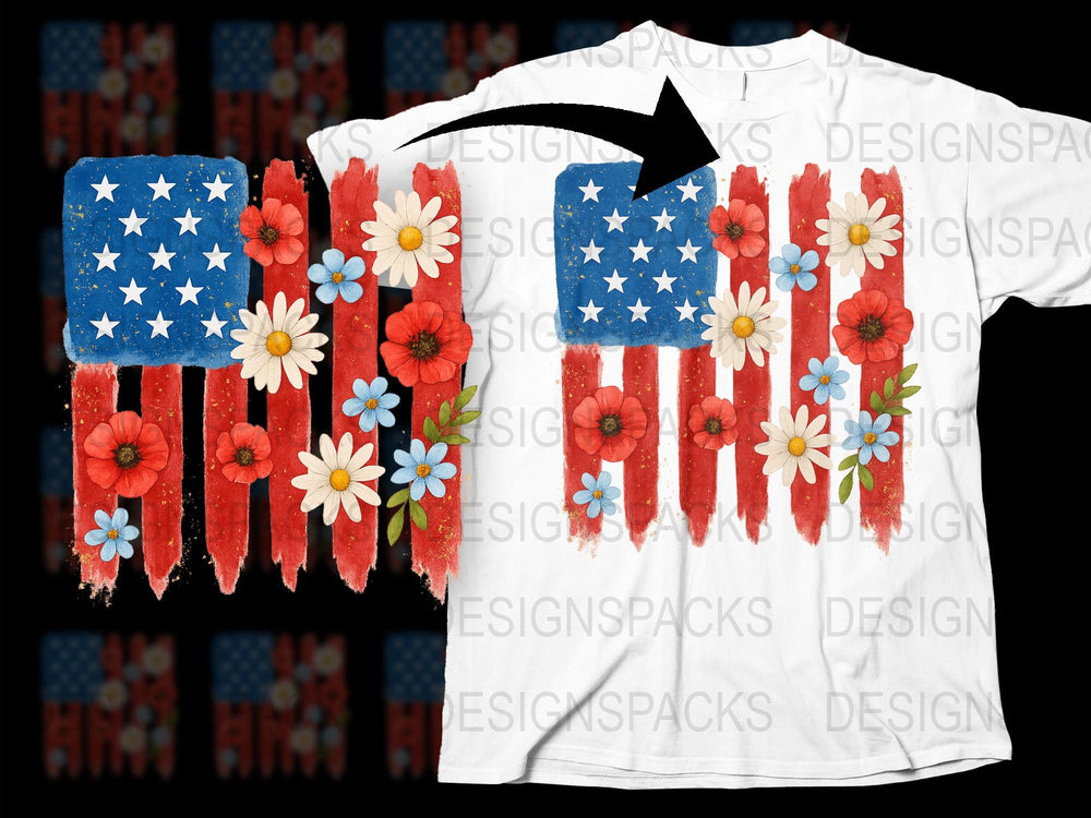 American Flag Floral Design T-Shirt, Patriotic Red White Blue Daisy Tee, Summer Independence Day Apparel
