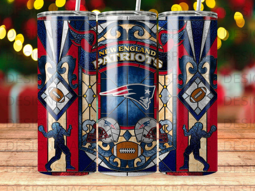 New England Patriots stained glass tumbler with football and helmets.