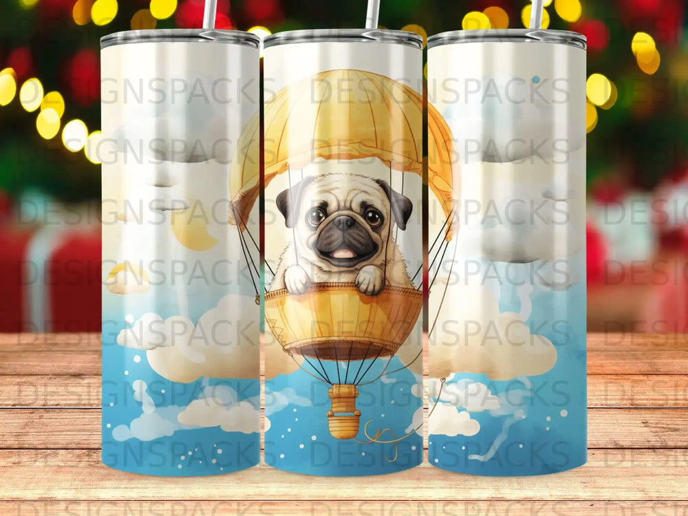 Pug in a hot air balloon with clouds and playful text.