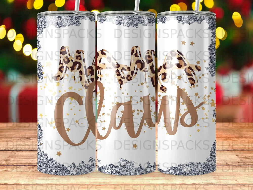 Mama Claws tumbler with leopard print, stars, and woodgrain background.