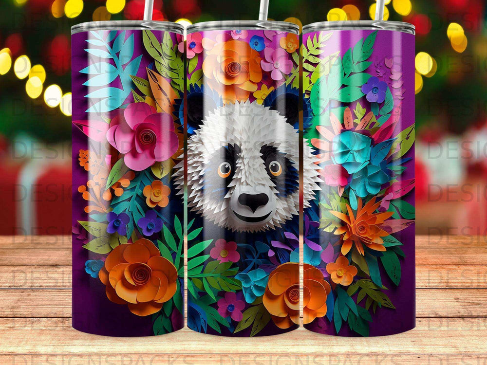 Panda face surrounded by colorful floral and leaf designs on a purple tumbler.