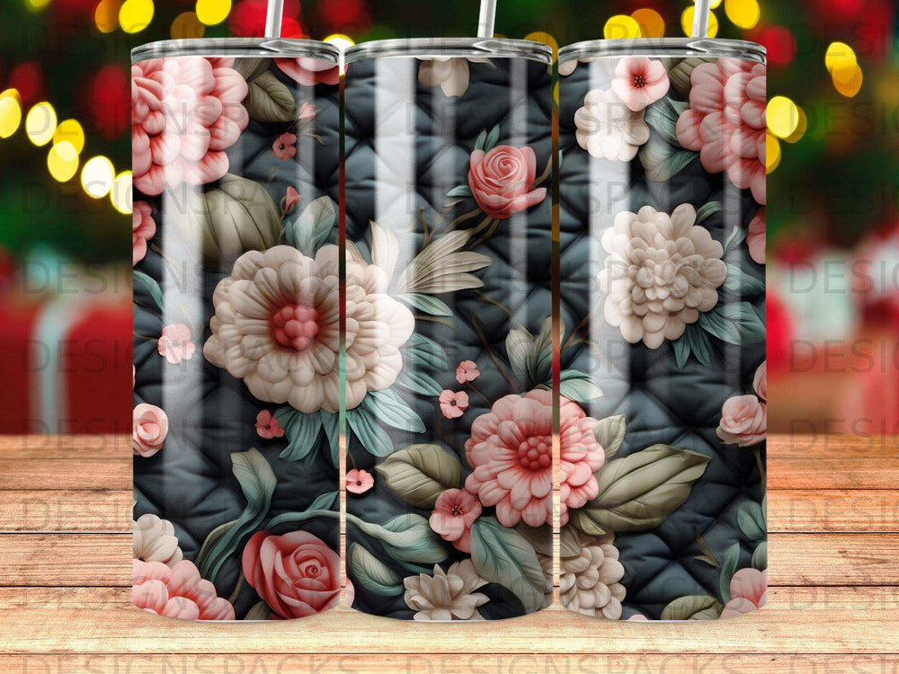 Quilted dark background with large pink and white flowers and green leaves.