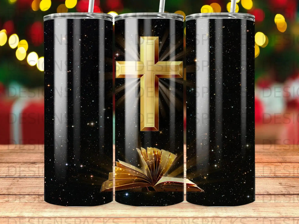 Golden cross over open book with starry background