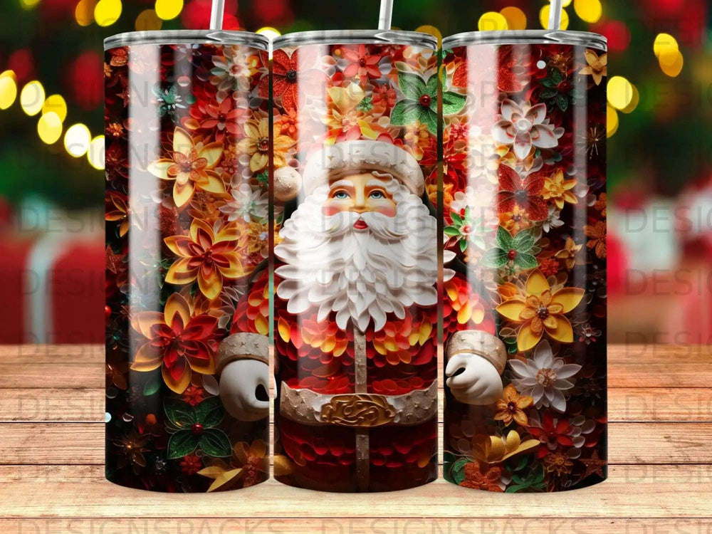 Santa Claus on a tumbler surrounded by red, orange, and yellow floral designs.