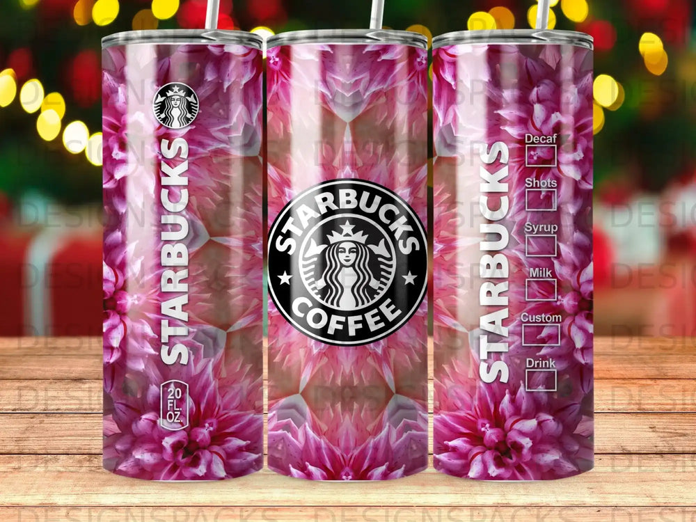 Starbucks tumbler with floral design and drink customization options.