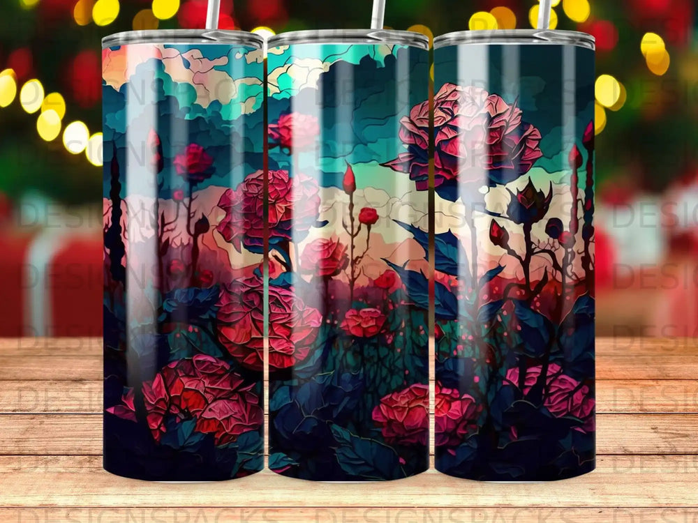 Floral tumbler with pink roses and dark foliage.
