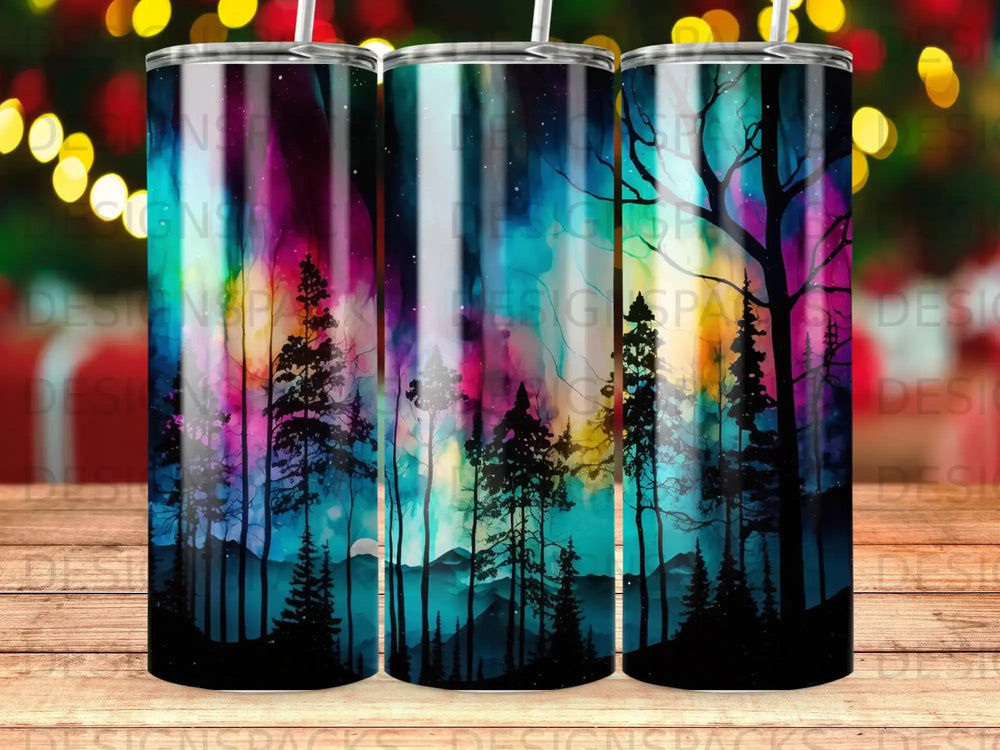 Silhouetted pine trees against a colorful aurora borealis night sky.