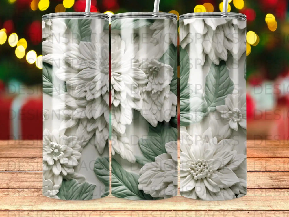 White embossed floral pattern on a tumbler with a bokeh background.