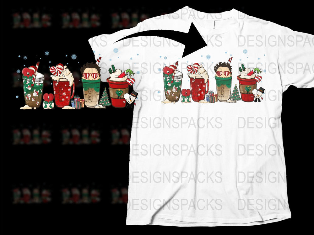 Holiday T-Shirt with Cute Cartoon Mice and Festive Coffee Cups Design, Christmas Themed Apparel