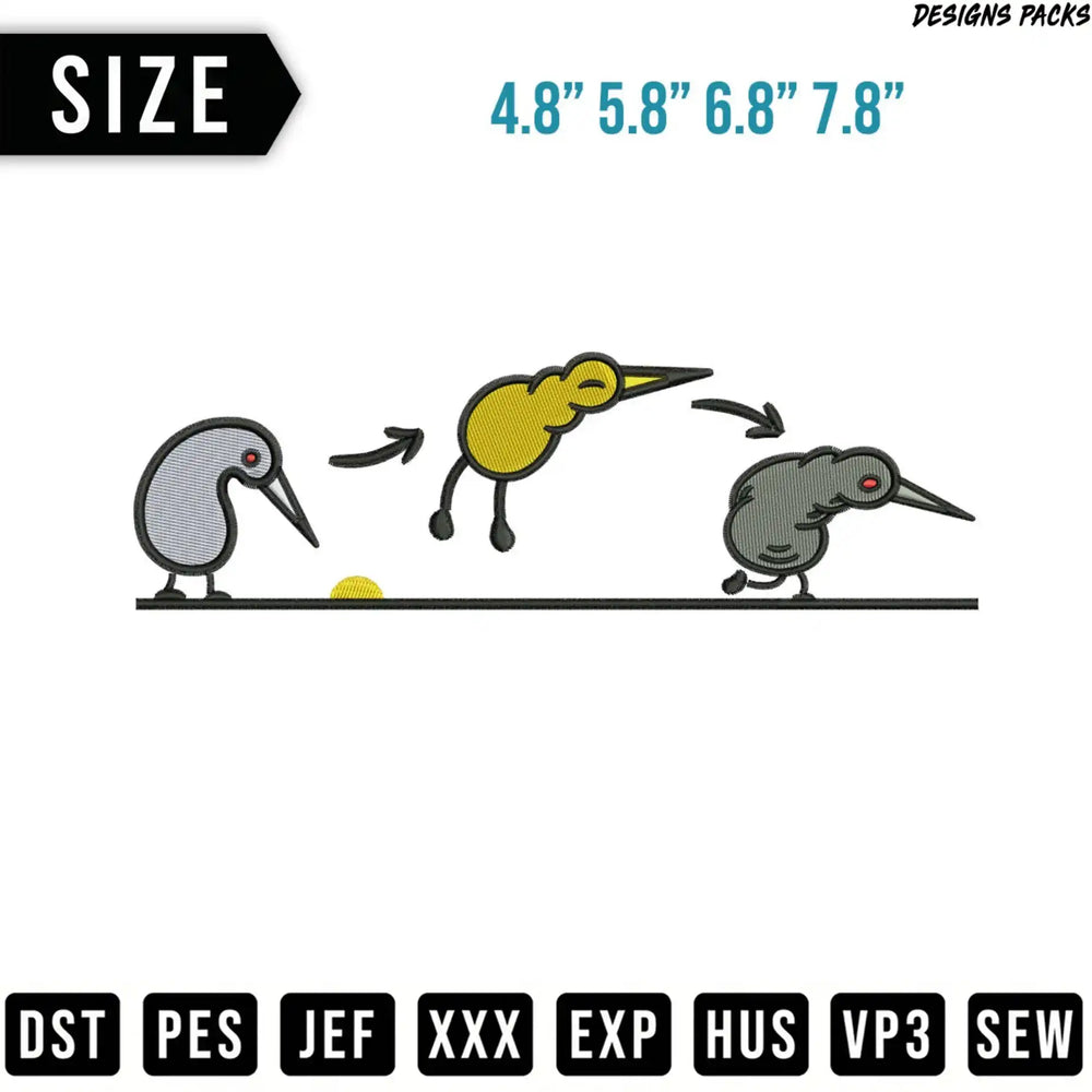 Embroidery design of three kiwi birds in different stages of growth.