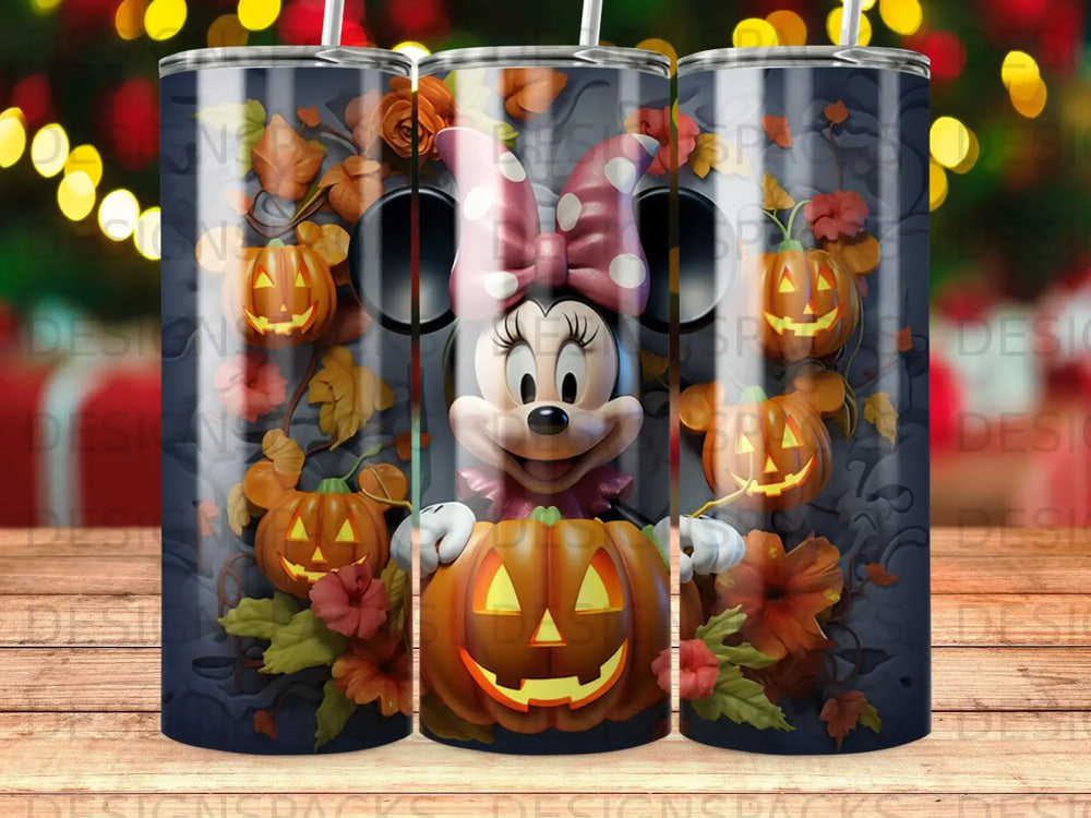 Minnie Mouse with pumpkins and fall leaves on a tumbler.