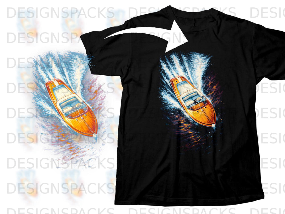 Black t-shirt with graphic of a wooden speed boat cutting through blue and orange water.