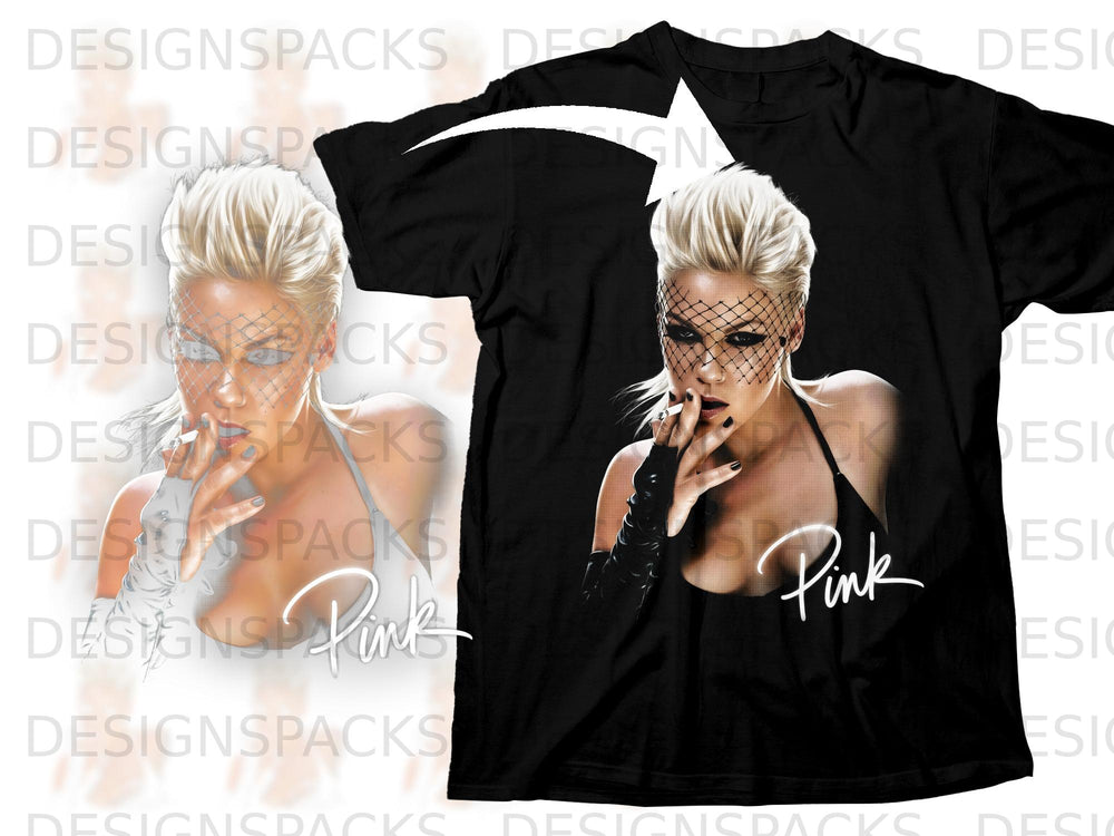 Black t-shirt with graphic of singer Pink smoking, wearing veil and gloves.