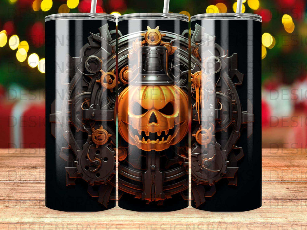 Halloween jack-o'-lantern with gears and steampunk elements on a tumbler.