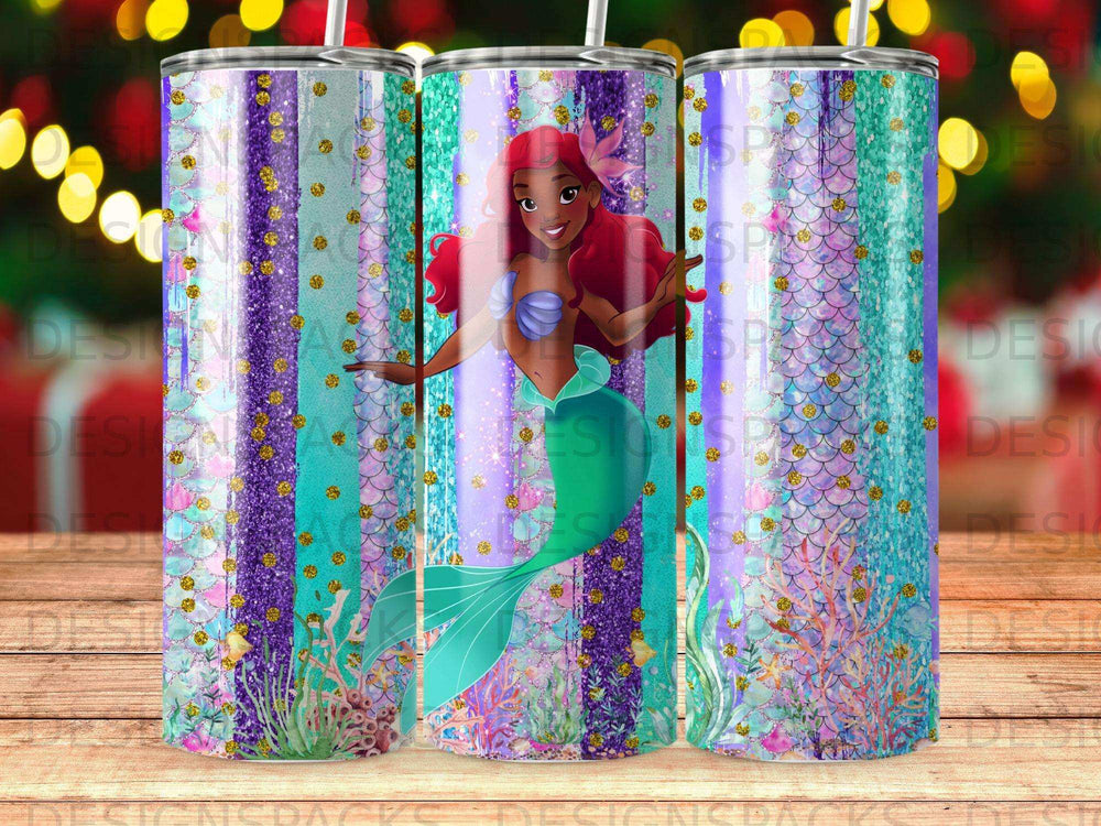Ariel mermaid with glittery scales and purple and blue background.