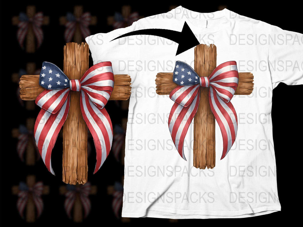 Patriotic Wooden Cross T-Shirt, American Flag Ribbon, Christian Faith Apparel, Unisex Tee Design