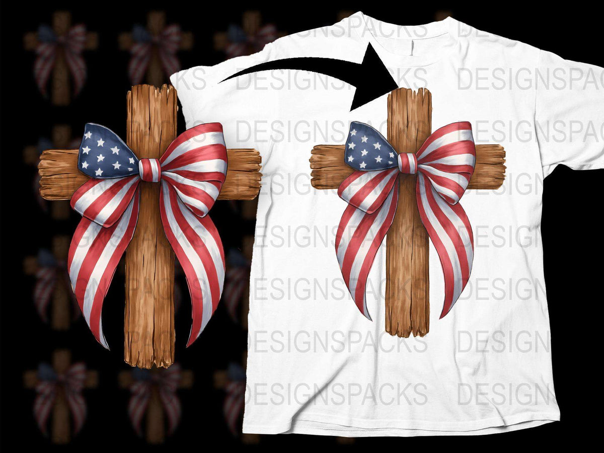 Patriotic Wooden Cross T-Shirt, American Flag Ribbon, Christian Faith Apparel, Unisex Tee Design