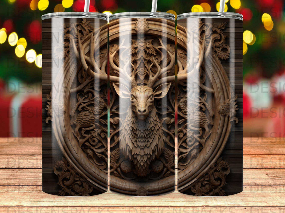 Wooden carved deer head with ornate circular background and textured wood.