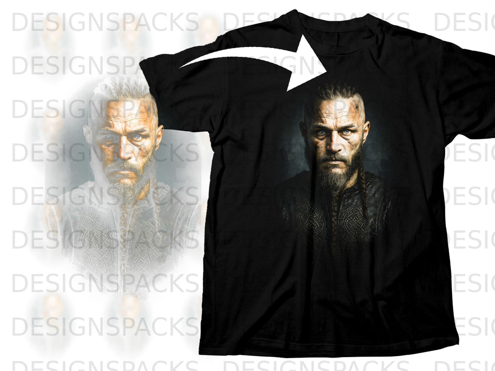 Black t-shirt featuring a detailed, grim portrait of Ragnar Lothbrok.