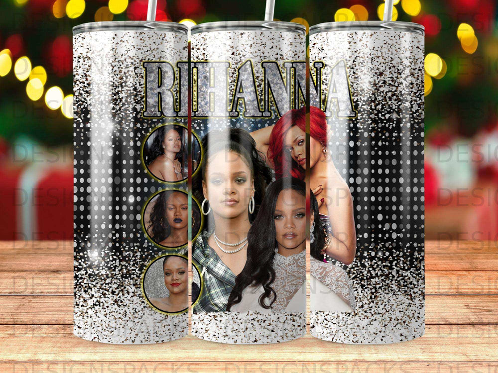 Rihanna on a tumbler with a glitter and bokeh background.