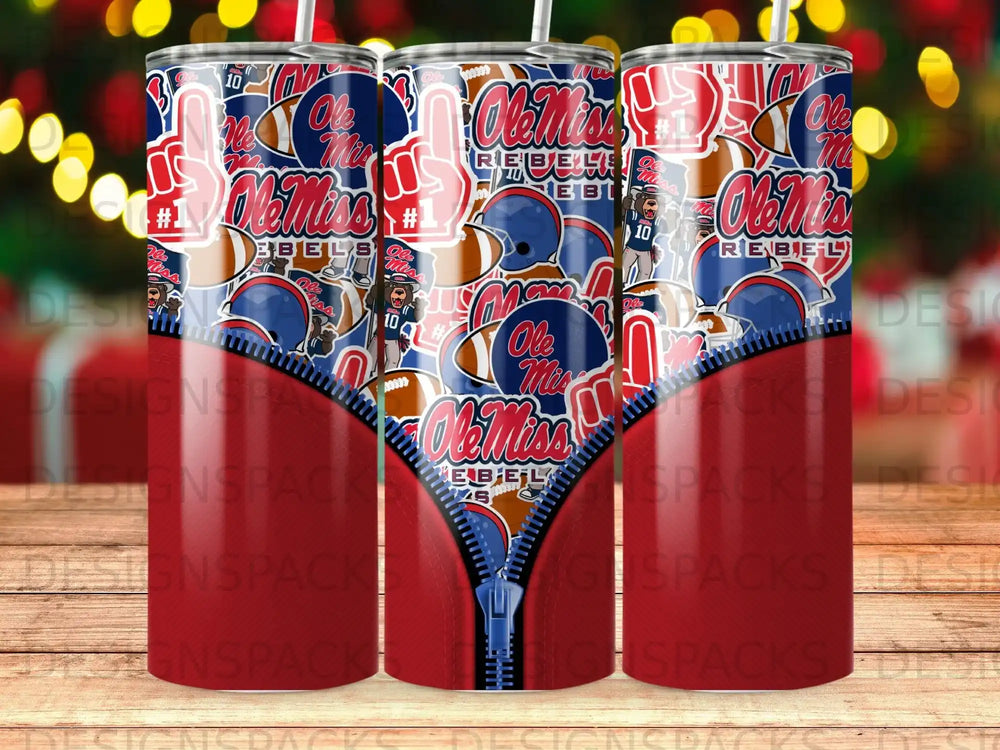 Three tumblers with Ole Miss Rebels logo and zipper design.