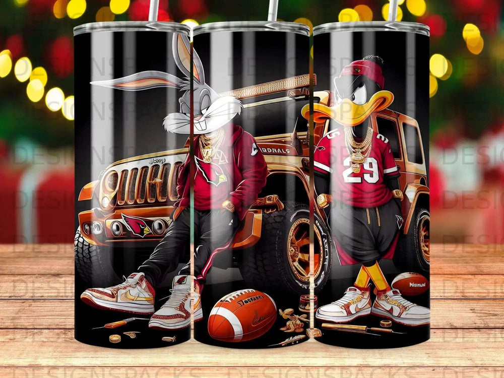 Bugs Bunny and Daffy Duck in streetwear sitting on a Jeep with football.