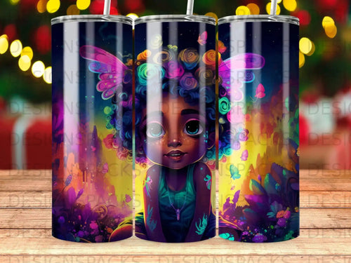Fantasy art tumbler design with a colorful, winged fairy child surrounded by butterflies.